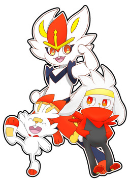ambiguous_gender anthro eyes_closed fur group happy multicolored_body multicolored_fur open_mouth orange_body orange_eyes orange_fur rabbit_ears scut_tail short_tail simple_background single_tooth smile tail trio white_background white_body white_fur yellow_body yellow_fur unknown_artist nintendo pokemon cinderace generation_8_pokemon pokemon_(species) raboot scorbunny hi_res