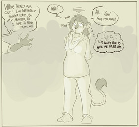 ambiguous_gender anthro chin_piercing clothed clothed_anthro clothed_female clothing dazed dialogue duo ear_piercing female green_monochrome mind_control out_of_frame piercing solo_focus speed_dating tail text fenris49 alex_novak felid lion mammal pantherine comic english_text full-length_portrait hi_res monochrome portrait