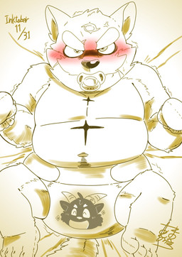 ageplay angry anthro belly bodily_fluids clothed clothing diaper genital_fluids infantilism kemono male navel object_in_mouth overweight overweight_anthro overweight_male pacifier pacifier_in_mouth roleplay slightly_chubby solo unclean_diaper urine used_diaper wearing_diaper wet_diaper wetting bumomomoboa inktober lifewonders live_a_hero tokyo_afterschool_summoners procy salomonkun canid canine canis domestic_dog mammal 2020 hi_res