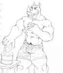 abs anthro belt birthday_cake birthday_candle bottomwear cake clothed clothing dessert facial_hair facial_horn food horn male muscular muscular_anthro muscular_male navel nipples nose_horn pecs pubes shorts solo topless lupus_signatus bruno_rhynox mammal rhinoceros 2009 black_and_white graphite_(artwork) hi_res monochrome traditional_media_(artwork)