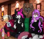 alcohol anthro beverage clothed clothing female fur group hair inside looking_at_viewer male smile manika_nika coca-cola jes_(kojotek) canid canine felid mammal digital_media_(artwork) shaded