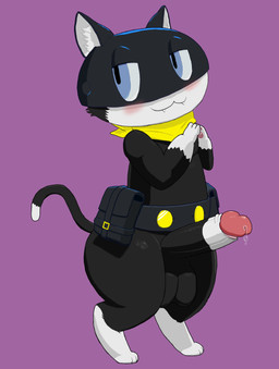anthro balls belt big_butt black_body black_fur blue_eyes blush bodily_fluids butt cute_fangs dripping fangs fur genital_fluids genitals glans humanoid_genitalia humanoid_penis kerchief looking_away male mask mostly_nude multicolored_body multicolored_fur narrowed_eyes paws penis precum precum_drip shortstack shortstack_male simple_background smile solo standing tail teeth two_tone_body two_tone_fur utility_belt white_body white_fur wide_hips yellow_kerchief sharpbean atlus megami_tensei persona_(series) persona_5 sega morgana_(persona) domestic_cat felid feline felis mammal tuxedo_cat hi_res