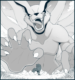 4_toes 5_fingers ambiguous_gender anthro anthro_focus arm_support arm_tuft athletic barefoot biped black_border black_markings black_nose border camera casual_nudity cheek_tuft cloud day detailed_background duo facial_markings facial_tuft fangs feet feral fingers fluffy fluffy_tail front_view fur fur_markings fur_tuft grass half-closed_eyes head_markings head_tuft hungry imminent_vore larger_anthro larger_male leaning leaning_forward leg_tuft licking licking_lips licking_own_lips light long_tail looking_at_another looking_down looking_up looming low-angle_view macro male male_focus markings micro multi_tail multicolored_body multicolored_fur narrowed_eyes nature navel nude object_in_mouth on_ground open_mouth open_smile outside paws pecs plant quadruped raised_paw rock scared self_lick shadow shoulder_tuft shrub size_difference sky smaller_ambiguous smaller_feral smile snout social_nudity solo_focus standing tail teeth text toes tongue tongue_out tuft s2-freak asian_mythology east_asian_mythology mythology naruto kurama snowball_(s2-freak) canid canine canis fox fox_spirit mammal tailed_beast wolf 2018 digital_drawing_(artwork) digital_media_(artwork) greyscale monochrome watermark