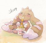 :3 anthro blush chibifur chopsticks eating food horn long_ears male noodles ramen sitting solo chibicheu bandai_namco digimon digimon_(species) lagomorph leporid lopmon mammal rabbit