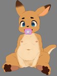 anthro arm_tuft baby blue_eyes brown_body brown_fur cheek_tuft dipstick_ears ear_markings facial_tuft featureless_crotch feet female foot_focus fur inner_ear_fluff looking_at_viewer multicolored_ears navel nipples nude object_in_mouth pacifier pacifier_in_mouth pawpads paws pink_inner_ear_fluff simple_background sitting slightly_chubby soles solo toes tuft young young_anthro young_female zhephyreart kangaroo macropod mammal marsupial hi_res