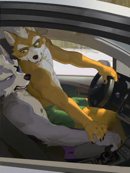 angry anthro car clothed clothing driving duo fur green_eyes grey_body grey_fur hair inside_car inside_vehicle looking_at_another male male/male on_top purple_eyes steering_wheel transmission_tower underwear underwear_only vehicle white_body white_fur yellow_body yellow_fur red8ean nintendo star_fox fox_mccloud wolf_o'donnell canid canine canis fox mammal wolf hi_res