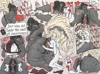 age_difference anal anal_hair anthro anus balls big_anus big_breasts big_tail black_hair bodily_fluids breasts butt cum dialogue dominant dominant_female duo elderly_anthro elderly_female erection facesitting female fingering fingering_partner floppy_ears fluffy fluffy_tail fur genital_fluids genitals grey_body grey_fur hair handjob huge_breasts humanoid_genitalia humanoid_penis interspecies kissing long_ears male male/female male_rimming_female masturbating_while_rimming mature_female musk musky_butt nipples nude older_female oral overweight overweight_anthro overweight_female penile penis pubes rimming sex sitting_on_another spread_anus spread_butt spreading sweat sweaty_butt tail text vaginal vaginal_fingering vulva whiskers white_body white_fur younger_male iamapoliceman lagomorph leporid mammal mephitid rabbit skunk comic english_text hi_res