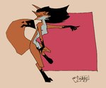 abstract_background anthro black_hair dipstick_tail eyes_closed female fur gesture hair hand_gesture leg_markings markings nipples nude orange_body orange_fur pointing socks_(marking) solo tail tail_markings egypturnash canid canine fox mammal 1999