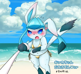 beach bikini black_nose blue_body blue_ears blue_fur blue_sclera blue_tail blush blush_lines bodily_fluids clothing cloud cloudy_sky detailed_background female flower_accessory fur gold_bikini navel open_mouth paws semi-anthro sky solo sweat sweatdrop swimwear tail text two-piece_swimsuit water azurepicker nintendo pokemon eeveelution generation_4_pokemon glaceon pokemon_(species) 2024 hi_res japanese_text