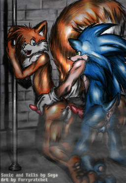 anthro anus balls blue_body blue_eyes blue_fur clothing dipstick_tail duo erection fluffy fluffy_tail fur genitals gloves green_eyes handwear holding_fixture humanoid_genitalia humanoid_penis male male/male markings open_mouth penis pole tail tail_markings furryratchet sega sonic_the_hedgehog_(series) miles_prower sonic_the_hedgehog canid canine eulipotyphlan fox hedgehog mammal