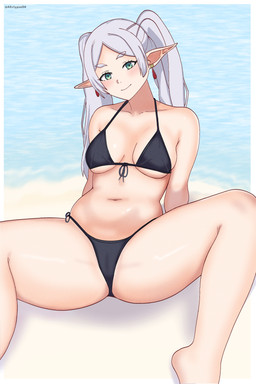beach bikini bikini_thong black_bikini black_clothing black_swimwear blush border breasts clothed clothed_female clothed_humanoid clothing ear_piercing female front-tie_bikini green_eyes grey_hair hair humanoid_pointy_ears looking_at_viewer navel not_furry piercing pointy_ears sand sea side-tie_bikini sitting smile solo spread_legs spreading string_bikini swimwear text thick_thighs twintails_(hairstyle) twitter_handle two-piece_swimsuit water white_border eclypsea frieren_beyond_journey's_end frieren elf humanoid 2024 absurd_res artist_name hi_res