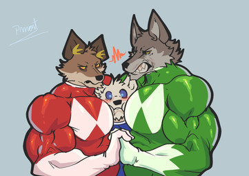 angry anthro barazoku bared_teeth blue_clothing blush brown_body brown_fur clothing fangs fur green_clothing group hand_holding inner_ear_fluff latex latex_clothing looking_at_another looking_at_viewer male male/male muscular muscular_anthro muscular_male orange_body orange_fur parody red_clothing sandwiched simple_background size_difference teeth tight_clothing trio tuft white_body white_fur pinumontbalou epic_games fortnite power_rangers fennix_(fortnite) volpez_(fortnite) wendell_(fortnite) arctic_fox canid canine canis fox mammal red_fox true_fox wolf hi_res signature brother_(lore) brothers_(lore) incest_(lore) sibling_(lore)