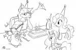 birthday group friendship_is_magic furby hasbro my_little_pony pinkie_pie_(mlp) princess_luna_(mlp) avian bird canid canine canis domestic_dog equid equine horse husky mammal nordic_sled_dog penguin pony spitz 3:2 hi_res monochrome sketch