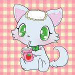 beverage blue_body blue_fur blush bow_(feature) bow_tie checkered checkered_background chest_tuft drinking_straw eyelashes female feral food frilly fruit fur green_eyes pattern_background pink_body pink_fur plant simple_background sitting solo strawberry tuft em_kei jewelpet sanrio sega sega_fave milky_(jewelpet) canid canine canis chihuahua domestic_dog mammal toy_dog 1:1