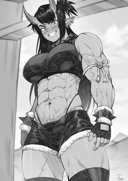 abs bangs biceps blush blush_lines bottomwear bracelet breasts clothing deltoids denim denim_bottomwear denim_clothing denim_shorts eyelashes female fingerless_gloves forearm_muscles gloves gold_(metal) gold_jewelry handwear horn humanoid_pointy_ears jewelry long_eyelashes muscular muscular_female not_furry obliques pointy_ears serratus shorts solo spiked_bracelet spikes thong triceps underwear vein speedl00ver asian_mythology east_asian_mythology japanese_mythology mythology demon humanoid oni yokai 2023 absurd_res hi_res monochrome