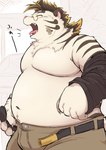 anthro band-aid bandage belly big_belly bottomwear clothing eyes_closed eyewear glasses kemono male moobs navel open_mouth overweight overweight_male pants pink_nose solo text yawn shirokumaou lifewonders tokyo_afterschool_summoners licho_(tas) felid mammal pantherine tiger 2024 hi_res japanese_text