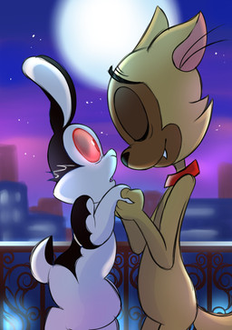 anthro black_body black_ears black_fur black_nose black_tail brown_body brown_ears brown_fur brown_tail collar duo eyes_closed fangs fur hand_holding long_ears looking_at_another love male male/male moon multicolored_body multicolored_fur night red_collar red_eyes red_sclera romantic romantic_couple scut_tail sharp_teeth short_tail side_view smile standing star surprised tail teeth two_tone_body two_tone_fur two_tone_tail white_body white_fur white_nose white_tail 8-bit-britt bunnicula_(series) bunnicula chester_(bunnicula) domestic_cat felid feline felis lagomorph leporid mammal rabbit vampire 2017 digital_media_(artwork) hi_res