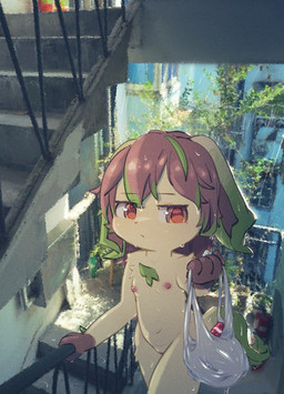 anthro anthrofied biped breasts brown_eyes brown_hair casual_nudity featureless_crotch female female_anthro front_view fur green_highlights hair high-angle_view highlights_(coloring) leaf leaf_ears leaf_tail leg_markings loli markings monotone_hair multicolored_body multicolored_fur nipples nude nude_anthro nude_female orange_eyes photo_background plantigrade plastic_bag pokemorph short_hair slim slim_anthro slim_female small_breasts socks_(marking) solo stairs straight_hair tail tan_body tan_fur two_tone_body two_tone_fur wet young young_anthro young_female yirus9 nintendo pokemon eeveelution generation_4_pokemon leafeon pokemon_(species) 2026 digital_drawing_(artwork) digital_media_(artwork) mixed_media photography_(artwork) shaded soft_shading