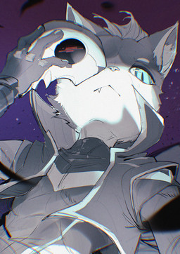 anthro black_clothing black_gloves black_handwear black_jacket black_shirt black_topwear blue_eyes clothed clothed_anthro clothed_male clothing countershade_face countershade_neck countershading cropped_jacket fur gloves grey_body grey_fur hair handwear holding_mask holding_object inner_ear_fluff jacket looking_at_viewer looking_down looking_down_at_viewer male mask mouth_closed one_fang overbite pupils purple_background ringed_iris shirt simple_background slit_pupils solo topwear tuft white_body white_countershading white_fur white_hair white_inner_ear_fluff white_sclera chiayeeee felid mammal 2024 chromatic_aberration digital_drawing_(artwork) digital_media_(artwork) half-length_portrait hi_res portrait