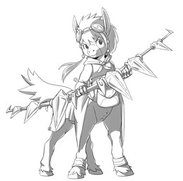 ambiguous_gender simple_background solo standing weapon white_background manmosu_marimo equid equine horse hybrid mammal 2015 digital_drawing_(artwork) digital_media_(artwork) monochrome