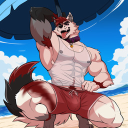 abs anthro armpit_hair beach biceps body_hair claws clothed clothing collar ear_piercing fur male muscular muscular_anthro muscular_male nipples pecs piercing seaside shirt smile solo swimming_trunks swimwear tail tank_top tongue tongue_out topwear white_body white_fur shibyokami yamii_kai canid canine canis demon mammal wolf wolf_demon 1:1 absurd_res hi_res