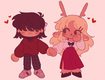 ambiguous_gender anthro antlers bandage bandage_on_face bandage_on_nose blonde_hair blush blush_lines blush_stickers bottomwear bow_ribbon brown_body brown_fur brown_hair buckteeth chibi clothing covered_eyes duo ear_piercing female female/ambiguous freckled_face freckles fur hair hair_over_eyes hand_holding hand_on_face happy heart_symbol holidays hooves horn human_on_anthro interspecies long_hair looking_at_another looking_at_partner love pants piercing pivoted_ears red_nose romantic romantic_couple short_hair simple_eyes skirt smile standing sweater tan_body tan_skin teeth topwear jxitrash deltarune undertale_(series) valentine's_day kris_dreemurr noelle_holiday cervine deer human mammal new_world_deer reindeer 2024