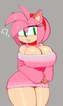 accessory anthro big_breasts breasts choker cleavage clothed clothing dress female fur green_eyes hair_accessory hairband huge_breasts jewelry lipstick makeup necklace off_shoulder pink_body pink_fur question_mark solo thick_thighs fiinel sega sonic_the_hedgehog_(series) amy_rose eulipotyphlan hedgehog mammal 2024 hi_res