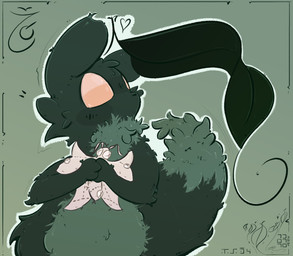 ambiguous_gender big_tail blush blush_lines cheek_tuft chest_tuft facial_tuft feral fluffy fluffy_tail fur green_body green_fur heart_symbol hug hugging_object hugging_plushie leaf leaf_on_head long_tail multicolored_body multicolored_fur plushie semi-anthro simple_background solo tail tapering_tail thick_tail tuft two_tone_body two_tone_fur namaport rain_world videocult neppy_(namaport) slugcat hi_res
