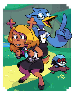 ambiguous_gender anthro antlers beak blonde_hair blue_body blue_feathers bodily_fluids bottomwear clothed clothing cloven_hooves detailed_background eyewear feathers female freckles fur glasses group hair hooves horn machine open_mouth shirt smile tail teeth toony topwear trio unguligrade discount-supervillain banjo-kazooie deltarune rareware undertale_(series) berdly noelle_holiday queen_(deltarune) avian bird bluebird darkner deer humanoid lightner mammal new_world_deer oscine passerine reindeer robot thrush_(bird) digital_drawing_(artwork) digital_media_(artwork) hi_res pixel_(artwork)