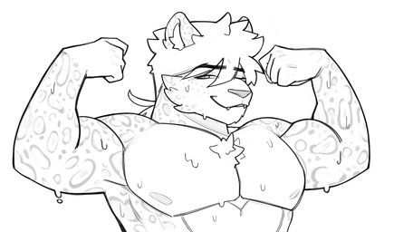 anthro biceps bodily_fluids fur hair looking_at_viewer male markings muscular muscular_anthro muscular_male nipples nude pecs simple_background smile solo spots spotted_body spotted_fur anonymous_artist tartarus_(tartarus) felid feline leopard mammal pantherine absurd_res hi_res monochrome sketch