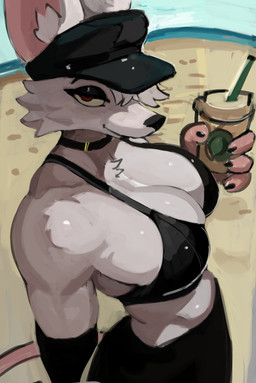 anthro beach bedroom_eyes big_breasts bikini black_bikini black_clothing black_eyeshadow black_swimwear breasts choker cleavage clothed clothing coffee_cup container cup eyeshadow female high-angle_view holding_container holding_cup holding_object jewelry looking_at_viewer makeup narrowed_eyes necklace police police_hat police_officer red_eyes seaside seductive solo swimwear two-piece_swimsuit murlbius officer_flint_(foresttherotten) mammal murid murine rat rodent