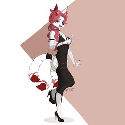 anthro black_clothing black_dress black_purse clothing container cup dipstick_ears dipstick_tail dress ear_markings female footwear fur glass glass_container glass_cup gold_(metal) gold_jewelry hair high_heels jewelry looking_at_viewer markings multicolored_ears pattern_background pink_hair pink_pupils pupils purse red_ear_tips red_tail_tip scar shoes simple_background solo tail tail_markings white_body white_ears white_fur white_tail oylucca epic_games fortnite hollow_hip_backless_chain_dress kimiko_five-tails canid canine fox mammal 1:1 absurd_res hi_res