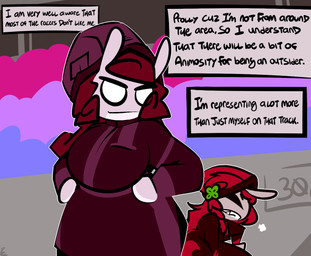 anthro black_eyes braided_hair clothing clover_(plant) dialogue duo female grey_body grey_skin hair hand_on_hip jumpsuit on_knee pink_body pink_skin plant racing_uniform red_hair sharp_teeth shell_hat size_difference smug teeth thought_bubble white_eyes thefablednekos spiral_stream_derby crimson_clover queen_majesty gastropod mollusk snail
