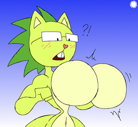 anthro bar_emanata belly big_breasts blush blush_lines breast_expansion breasts buckteeth countershade_belly countershade_breasts countershading curvy_figure emanata expansion eyewear female flash_emanata fur glasses gradient_background green_body green_fur heart_nose heart_symbol interrobang logo looking_at_breasts looking_at_own_breasts looking_at_self navel simple_background small_waist solo spherical_breasts spines teeth text wasp_waist wide_hips thatdawgmurray happy_tree_friends januarius_(subzerowizardo) eulipotyphlan hedgehog mammal aliasing artist_logo artist_name digital_media_(artwork) hi_res signature