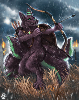 4_toes 5_fingers anthro arrow_(weapon) black_nose bow_(weapon) day detailed_background feet fingers grass green_eyes heterochromia multi_tail outside plant quiver_(object) raining ranged_weapon solo tail teeth toes weapon flashw canid canine mammal 2022 digital_media_(artwork) digital_painting_(artwork) painting_(artwork)