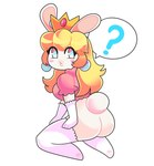 3_fingers anthro armwear blonde_hair blue_eyes blush bottomless breasts butt clothed clothing crown elbow_gloves female fingers fur gloves hair handwear headgear legwear long_hair looking_back pawpads pink_clothing pink_topwear simple_background solo speech_bubble stockings thigh_highs topwear onigiri_punch mario_bros mario_plus_rabbids_kingdom_battle nintendo raving_rabbids rayman_(series) ubisoft rabbid_peach lagomorph mammal rabbid absurd_res crossover digital_media_(artwork) hi_res