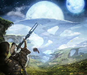 amazing_background armor blonde_hair bottomwear bridle clothing detailed_background fantasy female feral field grass group hair headgear helmet leaf long_hair moon outside plant reins riding scenery_porn skirt sky star straddling supermoon weapon vanipo human mammal unknown_species detailed