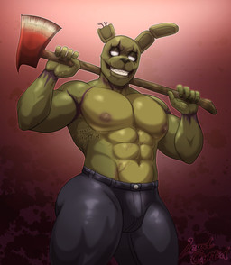 abs anthro axe blotchy_areola bulge clothed clothing glistening_eyelids holding_object holding_weapon looking_at_viewer male muscular muscular_anthro muscular_male nipples pecs solo stocky topless trapezius weapon lewdcryptid five_nights_at_freddy's five_nights_at_freddy's_3 scottgames springtrap_(fnaf) lagomorph leporid mammal rabbit 2026 hi_res