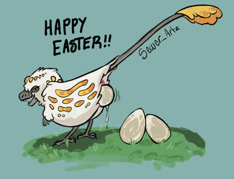 4_fingers 4_toes animal_genitalia claws cloaca egg fangs feathers feet female feral fingers genitals grass grey_body grey_scales holidays markings open_mouth oviposition plant scales simple_background solo tail tail_feathers teeth text toes white_body white_feathers yellow_body yellow_eyes yellow_feathers sewer_artz creatures_of_sonaria easter avian puffwump absurd_res hi_res