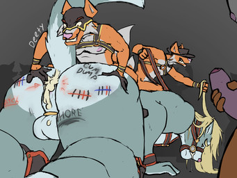 4_fingers accessory all_fours anthro balls being_watched big_butt big_muscles blonde_hair bodily_fluids bracelet bridle butt clothing cock_ring crawling cum cum_in_ass cum_inside cum_on_balls dom/sub dominant dominant_male drooling erection fingers fur genital_fluids genitals gloves grey_body grey_fur group group_sex hair handwear harness hat headgear headwear holding_reins humiliation jewelry knee_pads larger_anthro larger_male leather leather_clothing leather_gloves leather_handwear leather_harness leather_hat leather_headgear leather_headwear looking_at_another male male/male mask masturbation muscular nipples nude on_top_of orange_body orange_fur penis penis_accessory penis_jewelry pink_nipples pointy_ears profanity pulling_hair raised_tail reins riding saliva sex size_difference small_dom_big_sub smaller_anthro smaller_male sports_mask sportswear spread_butt spreading submissive submissive_male tail tally_marks touching_hair wrestling_mask deety canid canine canis fox mammal wolf hi_res