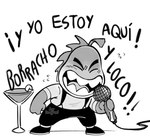 anthro biped bottomwear clothing dialogue electronics eyes_closed microphone pants shirt simple_background singing solo text topwear anyyuum dreamworks the_bad_guys mr._piranha_(the_bad_guys) fish marine piranha_(fish) serrasalmid 2022 hi_res monochrome spanish_text translated