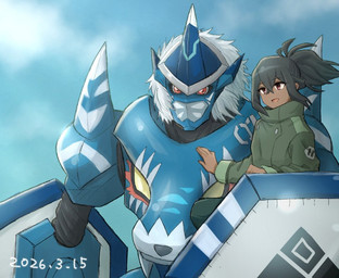 anthro armor black_hair duo hair male red_eyes shield kadoko5 bandai_namco digimon digimon_beatbreak granit_(digimon_beatbreak) digimon_(species) human mammal tialudomon