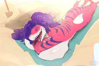 anthro beach beach_towel big_breasts big_butt breast_squish breasts butt casual_nudity eyes_closed female fin huge_breasts hyper hyper_breasts lying lying_on_breasts lying_on_own_breasts lying_on_self non-mammal_breasts on_front red_body red_skin relaxing sand sharp_teeth shovel solo squish sunbathing tail tail_fin teeth thick_tail tools towel sepiaflux aquatic fish shark 2025 hi_res