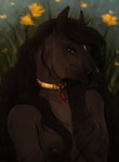 anthro brown_body brown_hair brown_nipples eyelashes female flower front_view grass hair long_hair looking_at_viewer mouth_closed nipples plant solo yellow_eyes yellow_flower scarlanya loire equid equine horse mammal bust_portrait hi_res portrait