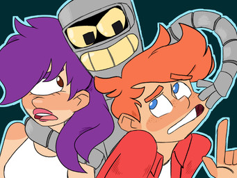 blue_eyes breasts female group hair lipstick machine makeup male orange_hair purple_hair simple_background teeth trio lab-gr0wn-lambs comedy_central futurama bender_bending_rodríguez philip_j._fry turanga_leela cyclops human mammal robot 4:3 absurd_res hi_res