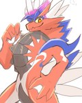 2022 4:5 amber_eyes ancient_pokemon anthro apex_build_koraidon blue_markings digital_media_(artwork) dragon generation_9_pokemon hi_res kemono kemorau koraidon legendary_pokemon looking_at_viewer markings mythological_creature mythological_scalie mythology nintendo paradox_pokemon pokemon pokemon_(species) red_body scalie simple_background smile solo standing tire white_background white_markings yellow_sclera