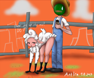 anthro duo ?_face female humor male text antira droopy_(series) metro-goldwyn-mayer sheep_wrecked anon leggy_lamb bovid caprine domestic_sheep human mammal sheep english_text hi_res