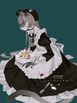 anthro apron bangs cake clothing cream_(food) dessert dress female food green_background green_eyes grey_body grey_hair hair holding_food holding_object long_hair plate simple_background sitting solo spilling_food strawberry_cake text catallarii domestic_cat felid feline felis mammal 2025 artist_name dated hi_res