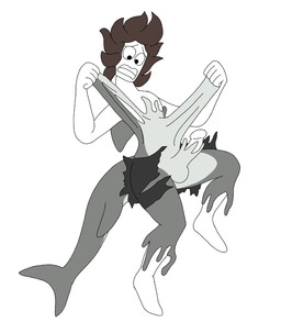 anthro black_bottomwear black_clothing black_pants bottomwear brown_hair clothing duo female forced forced_transformation gender_transformation genitals goo_transformation grey_body hair heart_symbol latex latex_transformation male male/female mtf_transformation nude pants penis transformation white_body sinful_drawz changed_(video_game) lin_(changed) tiger_shark_(changed) aquatic fish human mammal shark