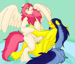 blue_hair blush bodily_fluids cowgirl_position crotch_breasts cum duo erection eyes_closed feathered_wings feathers female female_on_top female_penetrated feral from_front_position fur genital_fluids genitals hair male male/female male_on_bottom male_penetrating male_penetrating_female multicolored_hair on_bottom on_top penetration penile penile_penetration penis penis_in_vagina pink_hair sex straddling teats two_tone_hair vaginal vaginal_penetration vulva wings yellow_body yellow_fur astral_rhythm hasbro my_little_pony mythology fan_character equid equine mammal mythological_creature mythological_equine pegasus hi_res